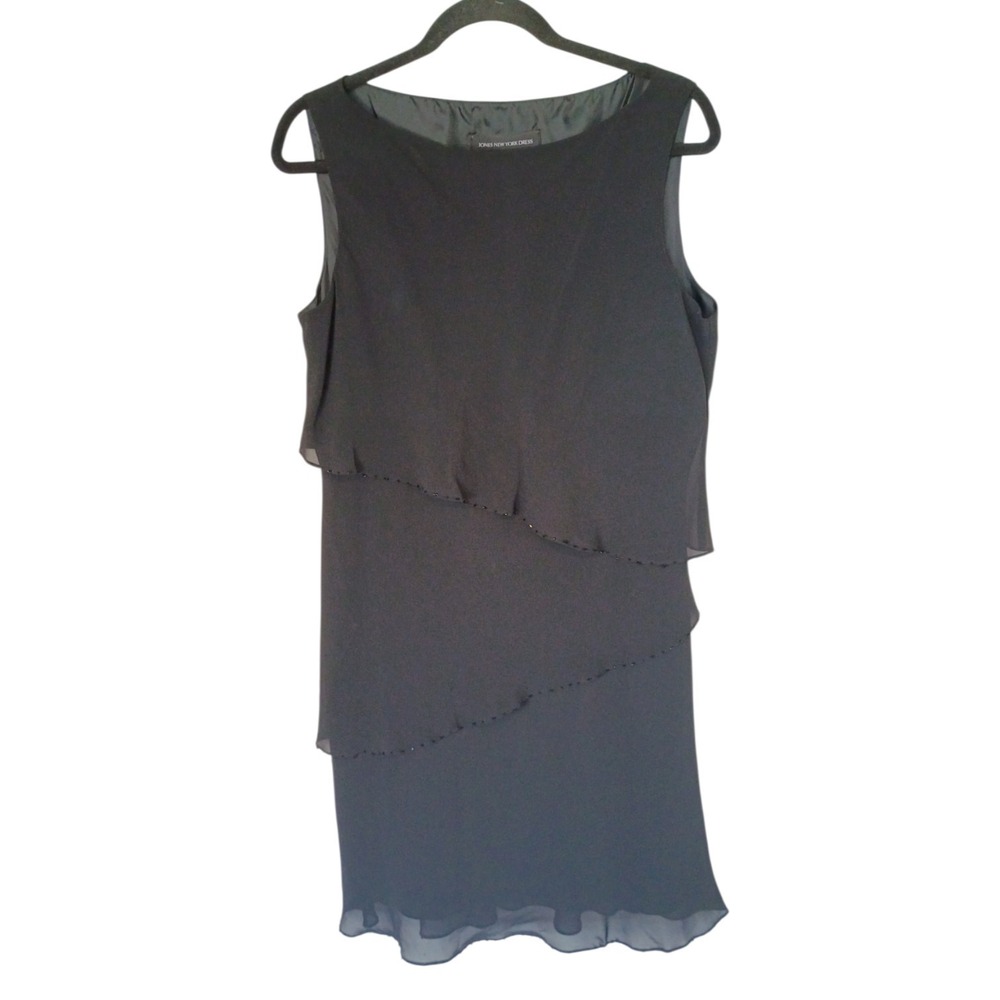 Jones New York Dress Black Sleeveless Tiered Beaded Cocktail Shift Dress 12